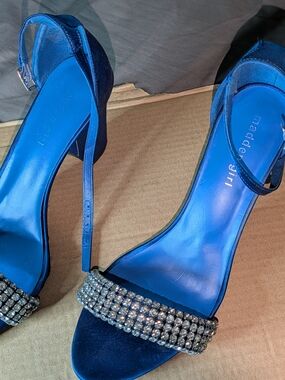 Madden Girl Blue Satin Block-Heel Sandals with Crystal Strap